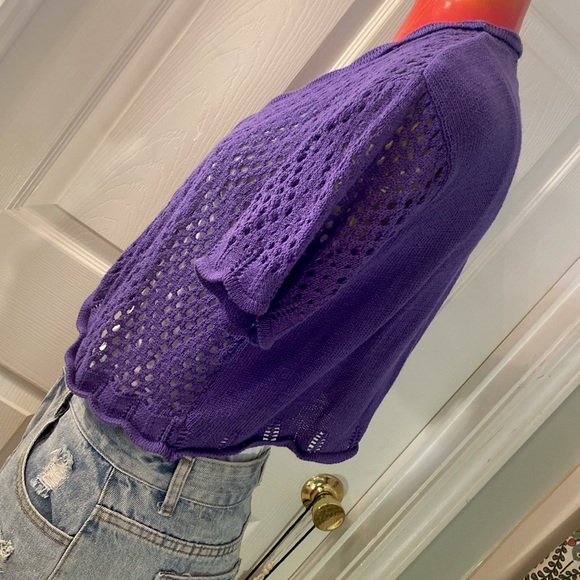 VINTAGE SARA MORGAN Purple Open-Knit Cropped Cardigan Sweater - Picture 5 of 12